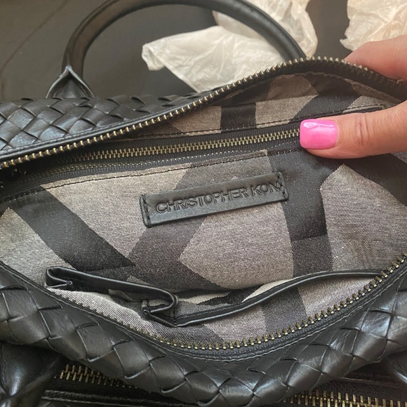NEW Christopher Kon 100% Genuine Woven Leather Satchel Black - Bottega V Style - Picture 4 of 5